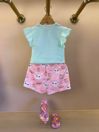 Pijama Infantil Blusa Gatinha Skin Care e Shorts Gatinha Rosa - Infanti