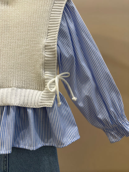 Conjunto Infantil Colete Tricot Off White e Calça Jeans Bordada Flores - Momi