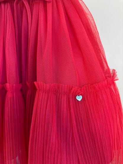 Vestido Infantil Tule Vermelho Gola Babados e Laço Cintura - Petit Cherie