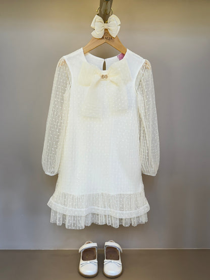 Vestido Infantil Trapézio Tule Plissado Aplicação Laço Off White - Luluzinha