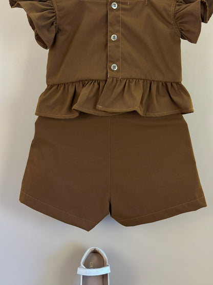 Conjunto Infantil Blusa e Shorts  Sarja Bordado Manual Marrom - Luluzinha
