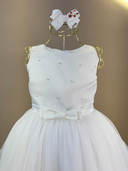 Vestido Infantil Festa Dama Midi Tule Pérolas Off - Petit Cherie