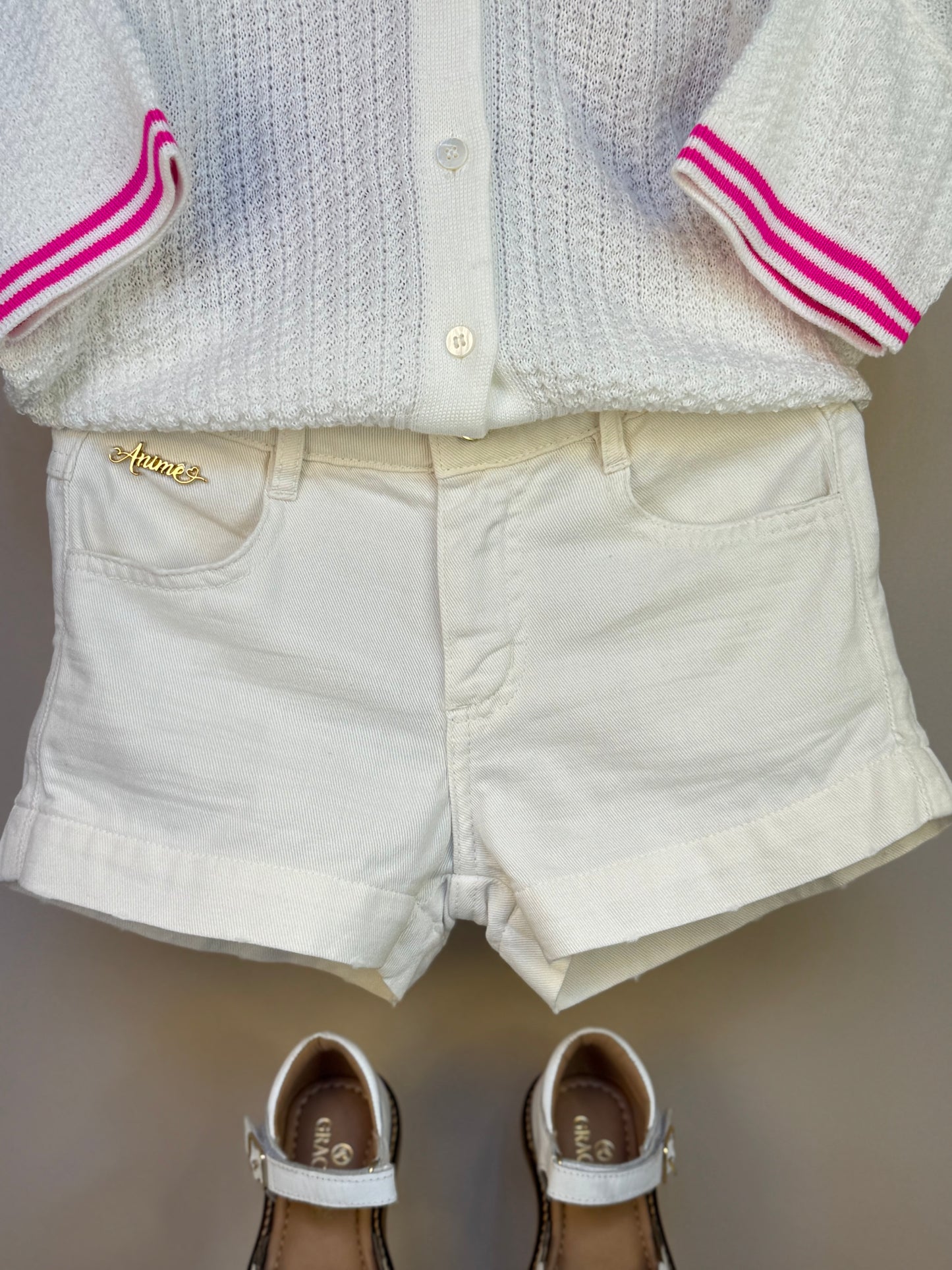 Conjunto Infantil Blusa Tricot Minnie Tennista e Shorts Sarja Off White - Animê