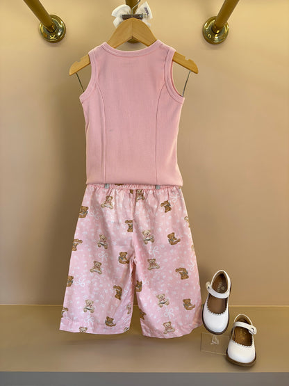 Conjunto Infantil Regata Com Laço de Renda e Calça Pantacourt Algodão Estampa Ursinhos - Pituchinhus