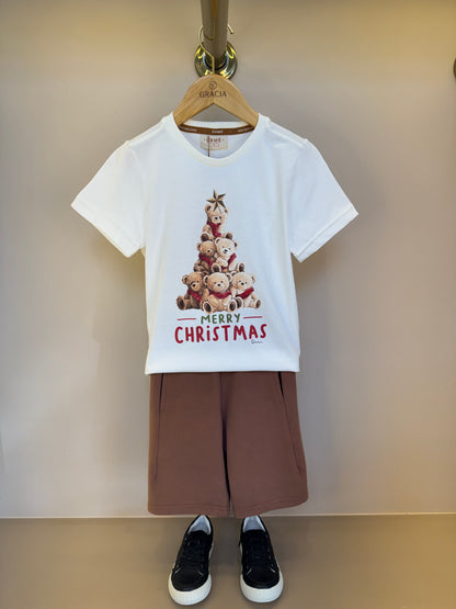 Conjunto Infantil Camiseta Algodão Teddy Natal MC e Bermuda Moletom Bolso Embutido Chocolate - Dame