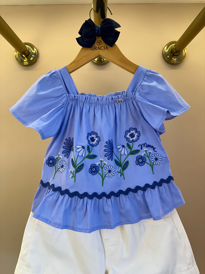 Conjunto Infantil Bata Ombro à Ombro Bordado Floral e Shorts Cós Elástico - Momi