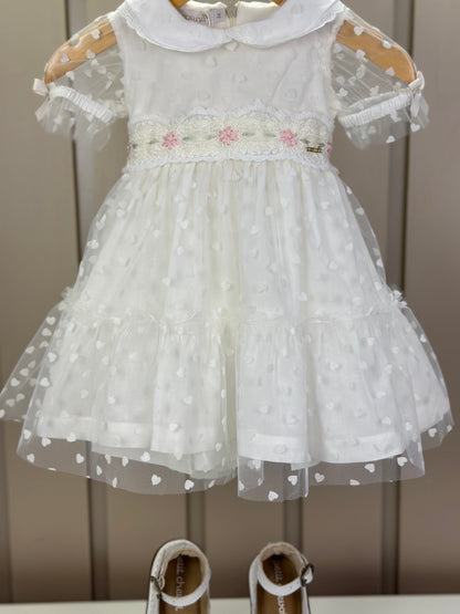 Vestido Infantil Super Luxo Tule Poás Marfim Gola, Busto e Mangas Rendadas e Bordados - Roana