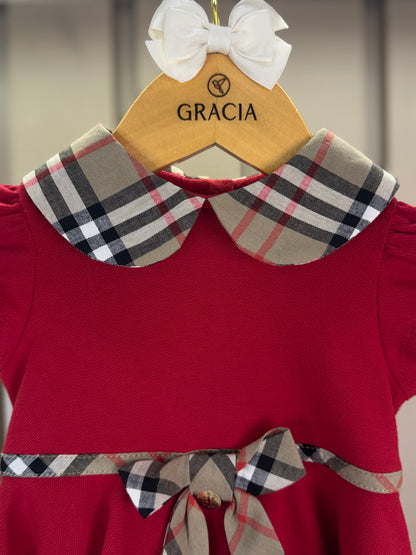 Vestido Bebê Piquet Gola Xadrez Vermelho - Um Mais Um