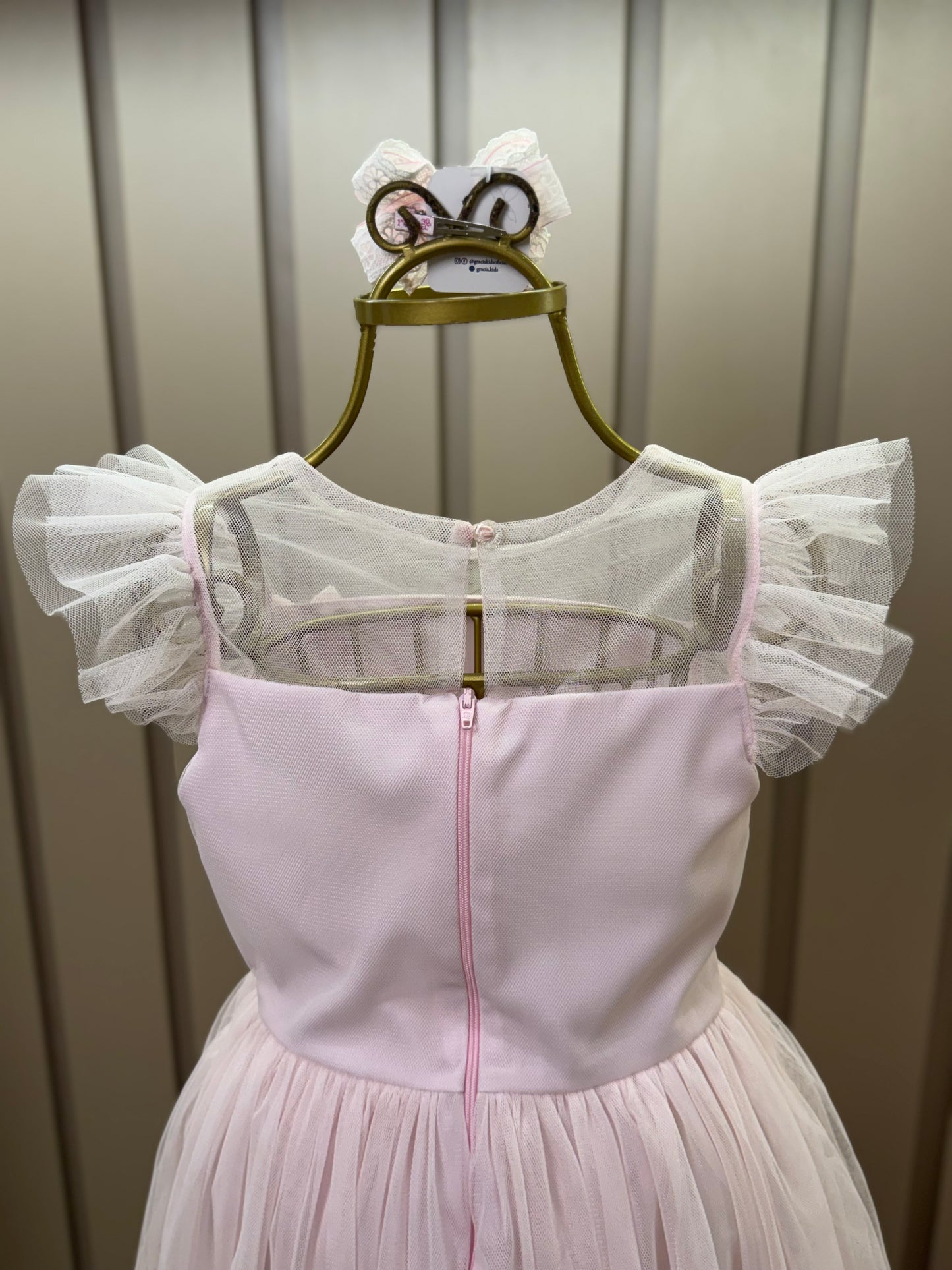 Vestido Infantil Festa Tule Poly Mesh Pérolas e Lacinho Aplicado Rosa - Petit Cherie