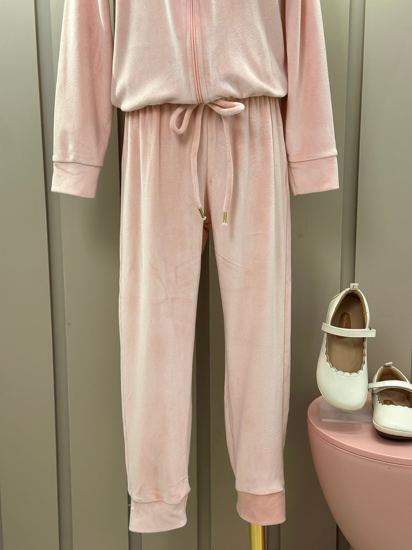 Conjunto Jaqueta e Calça Jogger Veludo Elastano Rosa Claro - Infanti
