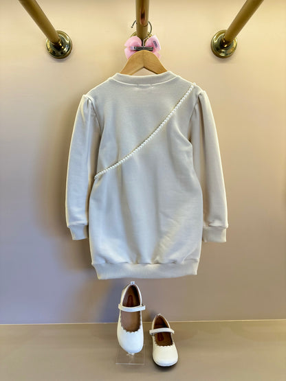 Vestido Infantil Bomber Moletom Bege  Bolsinha Ursinha Pérolas - Luluzinha