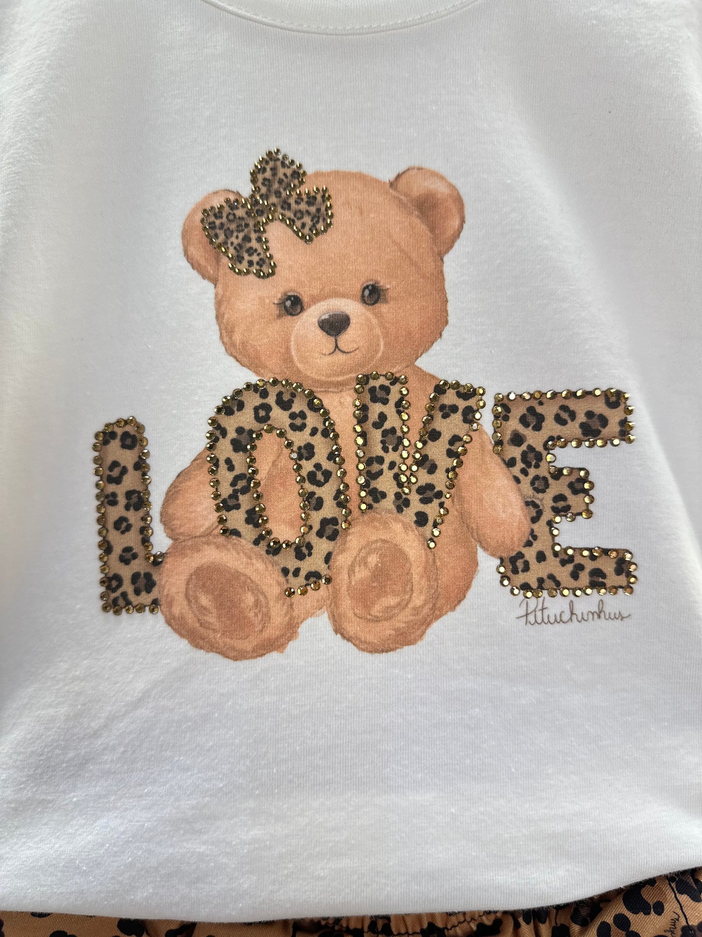 Conjunto Infantil Blusa Ursinha Love e Saia-shorts  Sarja Babadinho Oncinha - Pituchinhus