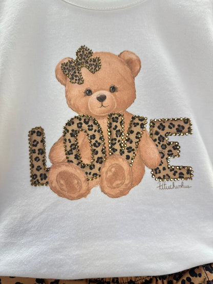 Conjunto Infantil Blusa Ursinha Love e Saia-shorts  Sarja Babadinho Oncinha - Pituchinhus