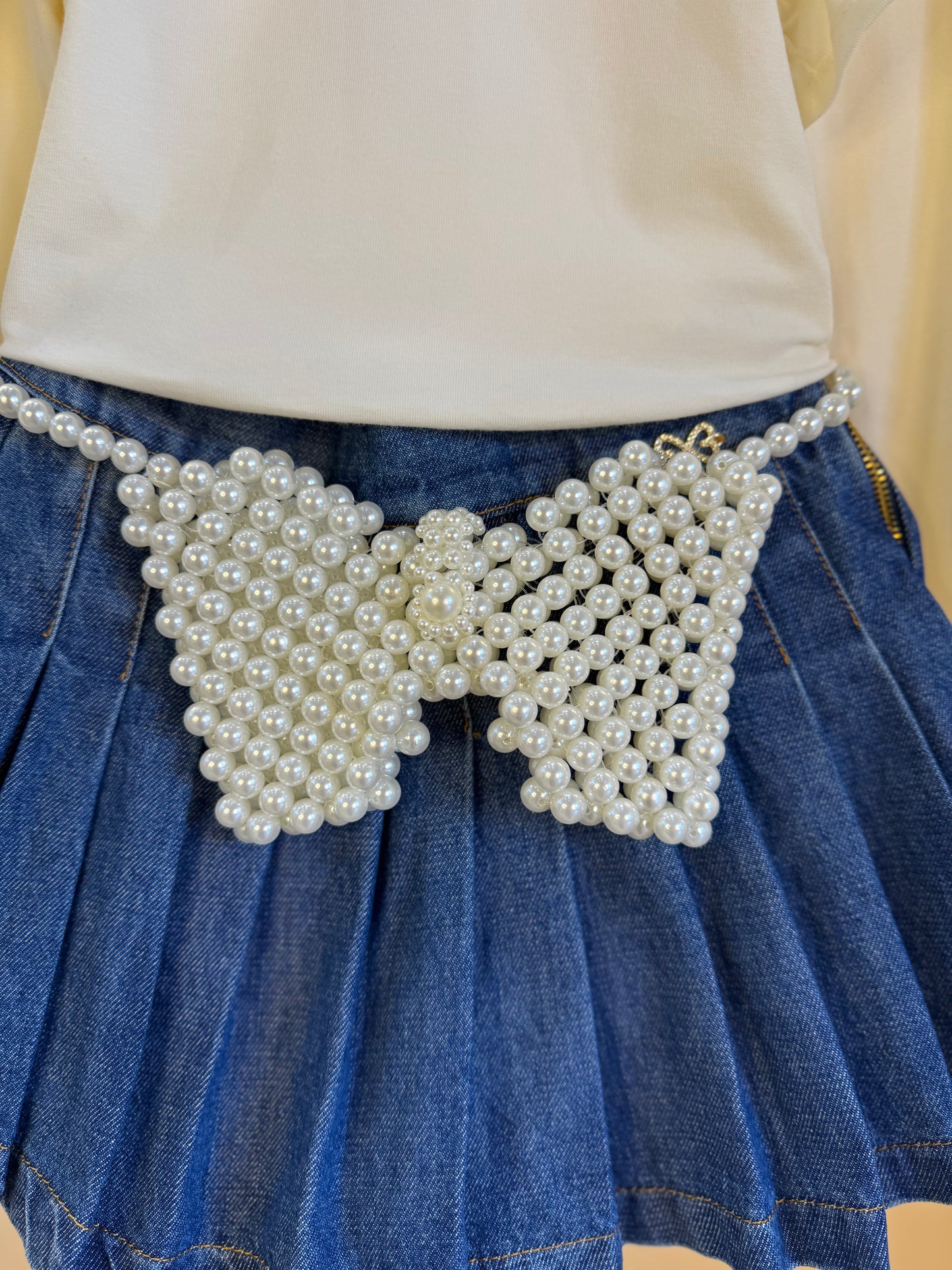 Conjunto Infantil Blusa ML Laço e Saia-shorts Jeans Pochete Laço Pérolas - Luluzinha