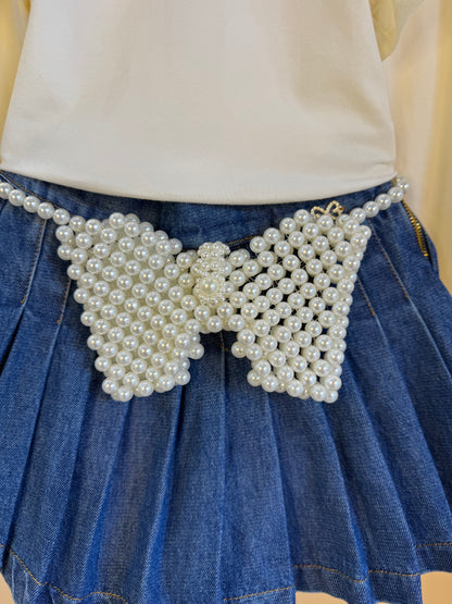Conjunto Infantil Blusa ML Laço e Saia-shorts Jeans Pochete Laço Pérolas - Luluzinha