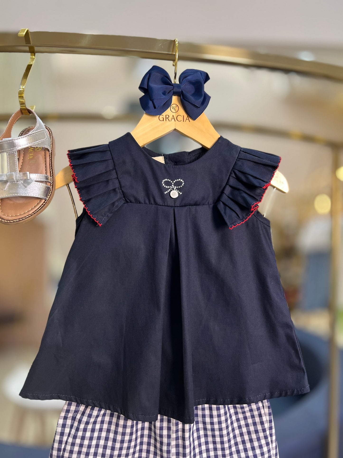 Conjunto Infantil Blusa com Strass e Shorts Tricoline Xadrez  - Um Mais Um