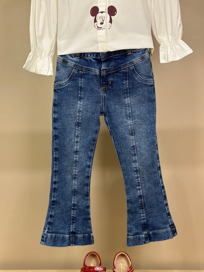 Conjunto infantil Camisa Minnie Off White e Calça Flare Jeans - Animê Petite