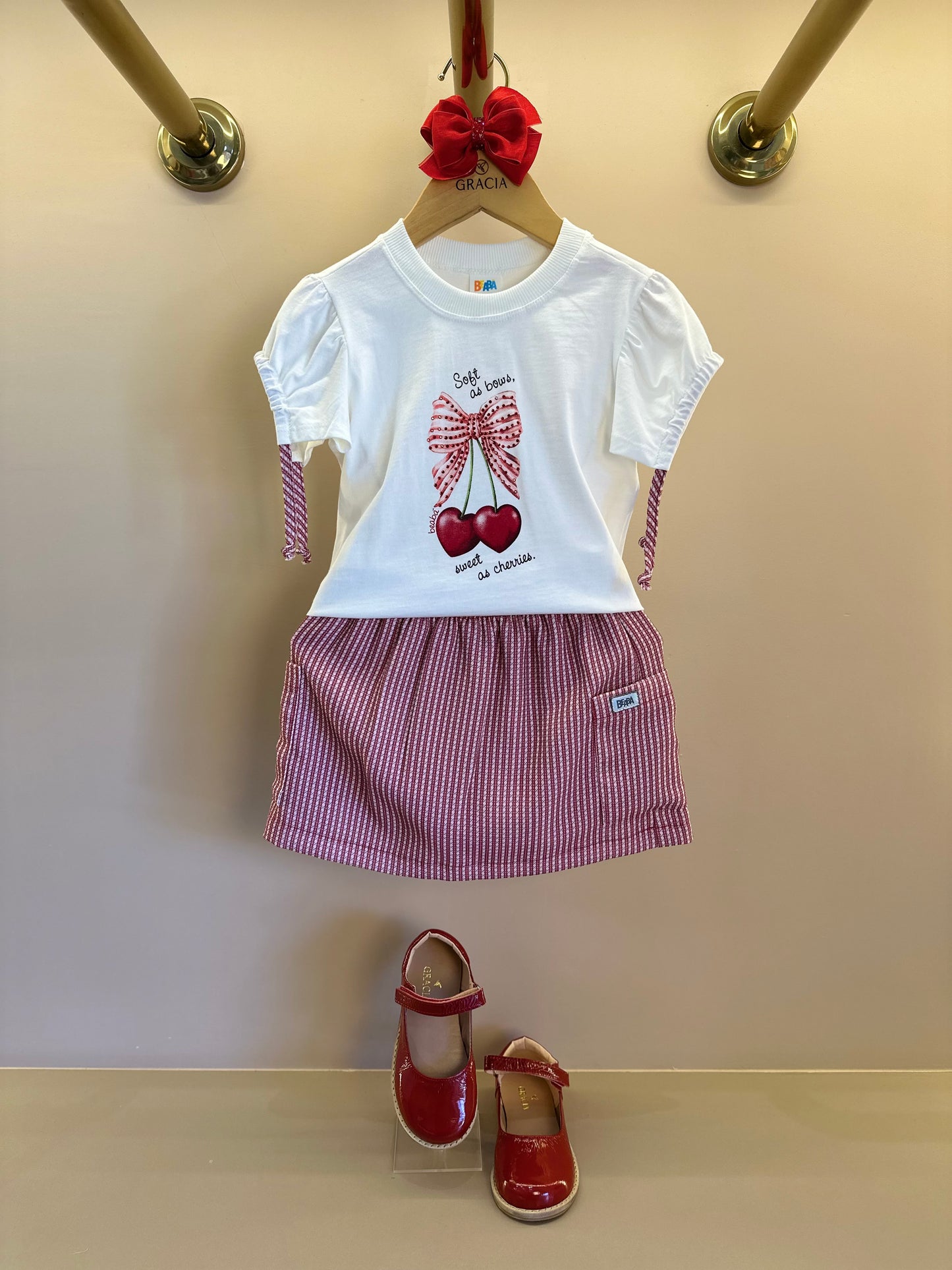 Conjunto Infantil Blusa Algodão Lacinhos Mangas e Saia Sarja Xadrez Vermelho - Beabá