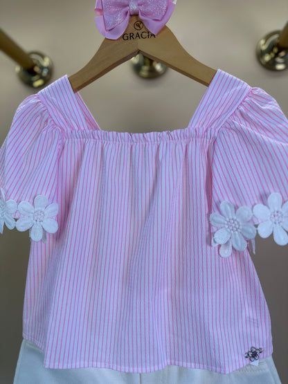 Conjunto Infantil Blusa Anarruga Bordado Flores e Shorts Off - Momi