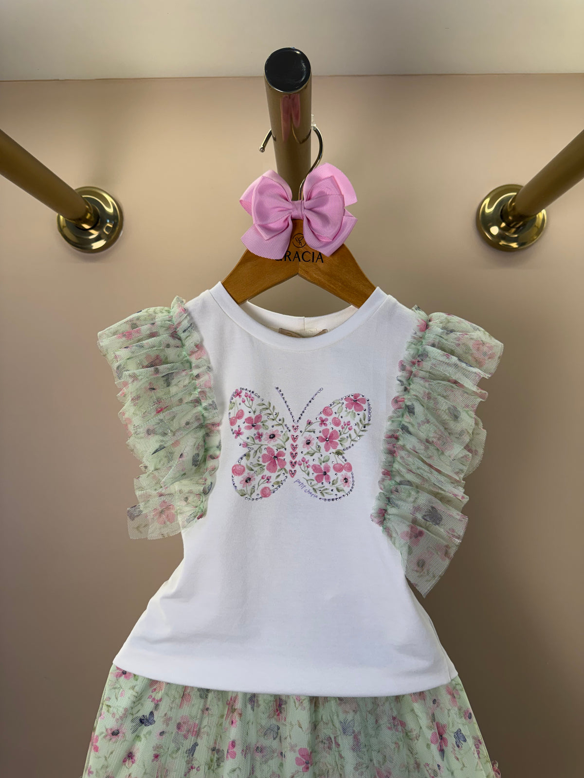 Conjunto Infantil Blusa Babados Tule e Saia Estampa Borboletinhas - Petit Cherie