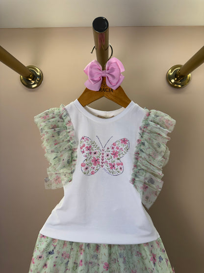 Conjunto Infantil Blusa Babados Tule e Saia Estampa Borboletinhas - Petit Cherie