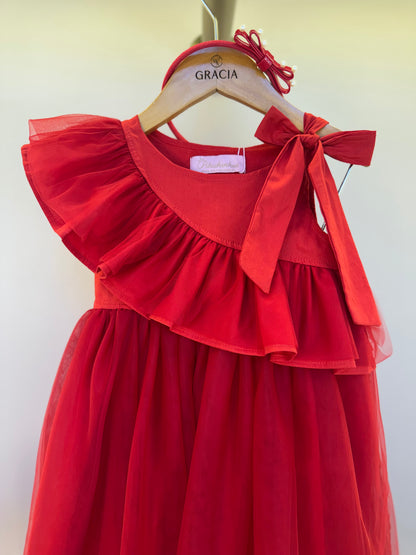 Vestido Infantil Festa Babados, Laço & Tule Vermelho - Pituchinhus