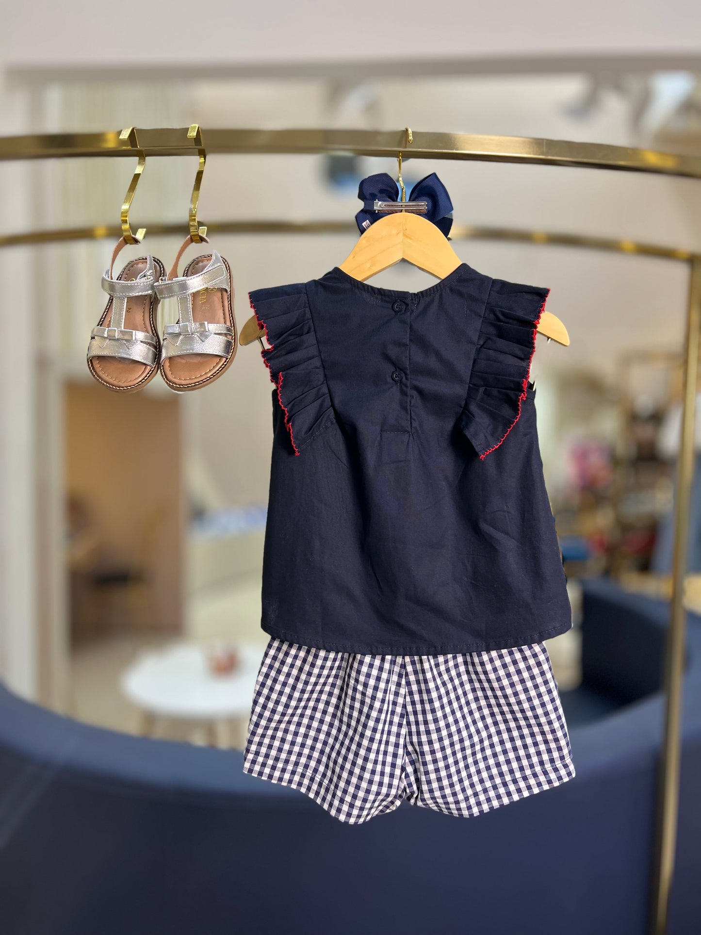 Conjunto Infantil Blusa com Strass e Shorts Tricoline Xadrez  - Um Mais Um