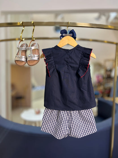 Conjunto Infantil Blusa com Strass e Shorts Tricoline Xadrez  - Um Mais Um