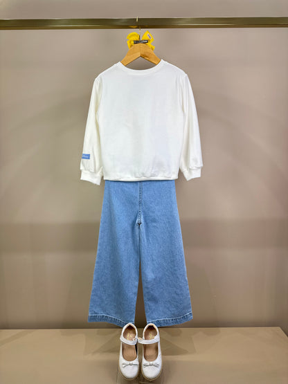 Conjunto Infantil Feminino Casaco Moletom Ursinho Pooh Pérola com Calça Jeans Bordada Flores - Momi
