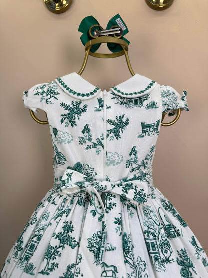 Vestido Infantil Linho Bordado Florais Verde - Petit Cherie