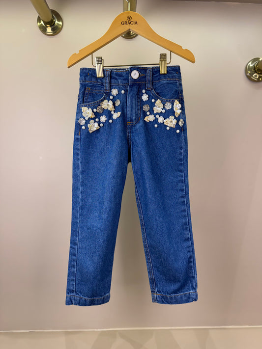 Calça Infantil Bordada Flores Brancas Jeans - Luluzinha