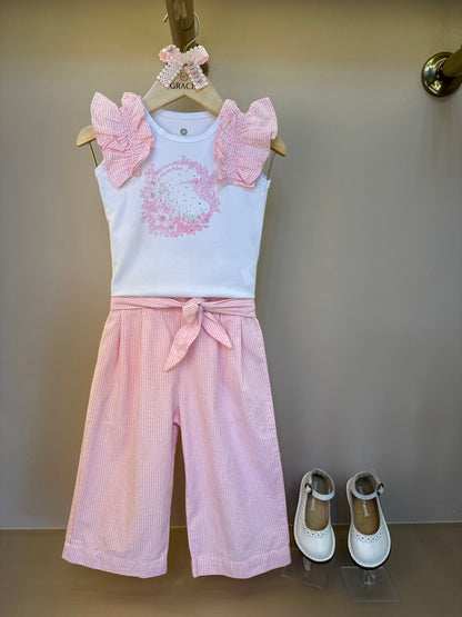 Conjunto Bebê Blusa com Strass e Calça Wide Leg Listrada Rosa- Um Mais Um