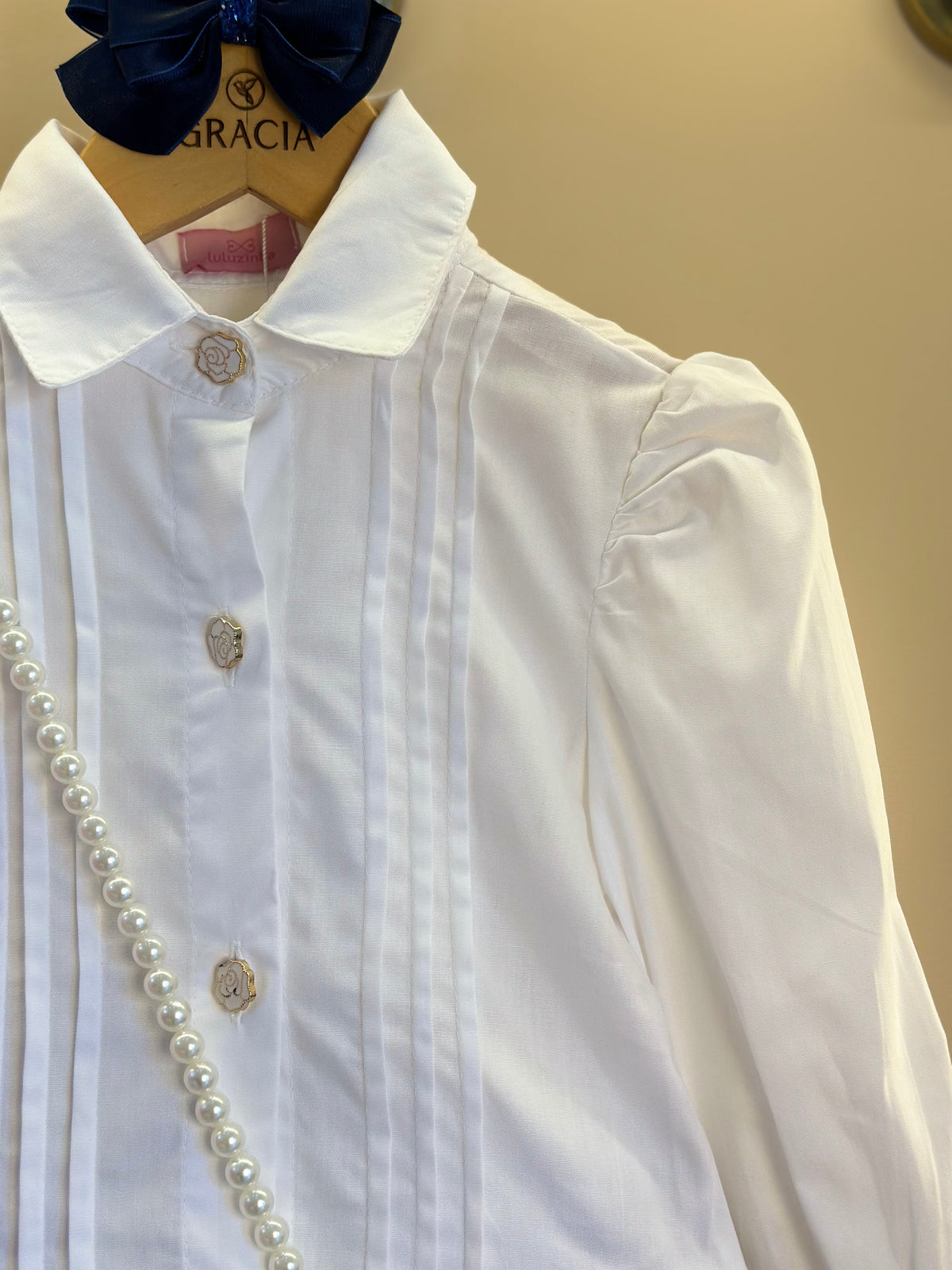 Conjunto Infantil Camisa Babadinhos Punho Pregas Branca e Saia  Jeans Pochete Laço Pérolas - Luluzinha