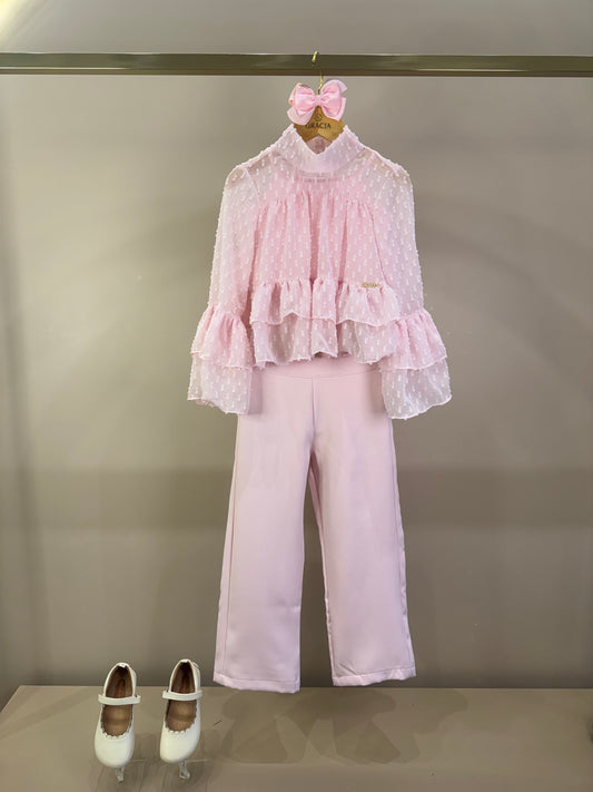 Conjunto Infantil Blusa Chiffon com Babados e Calça Alfaiataria - Luluzinha