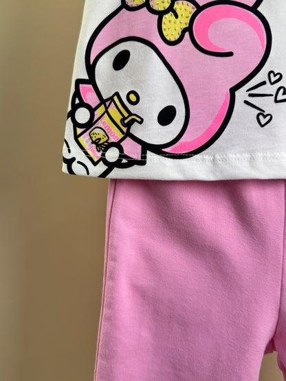 Conjunto Infantil Blusa Hello Kitty e My Melody e Shorts Legging Ciclista Rosa - Momi