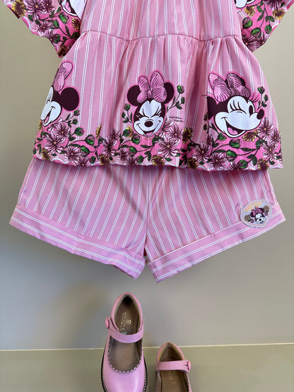 Conjunto Infantil Rosa Listrado Blusa Minnie Floral e Shorts - Animê