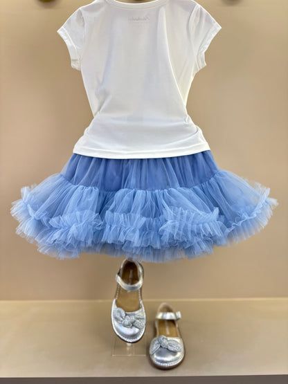 Conjunto Infantil Blusa Cotton Off White Love E Saia Tule Azul Fru-Fru - Pituchinhus