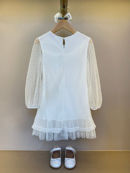 Vestido Infantil Trapézio Tule Plissado Aplicação Laço Off White - Luluzinha