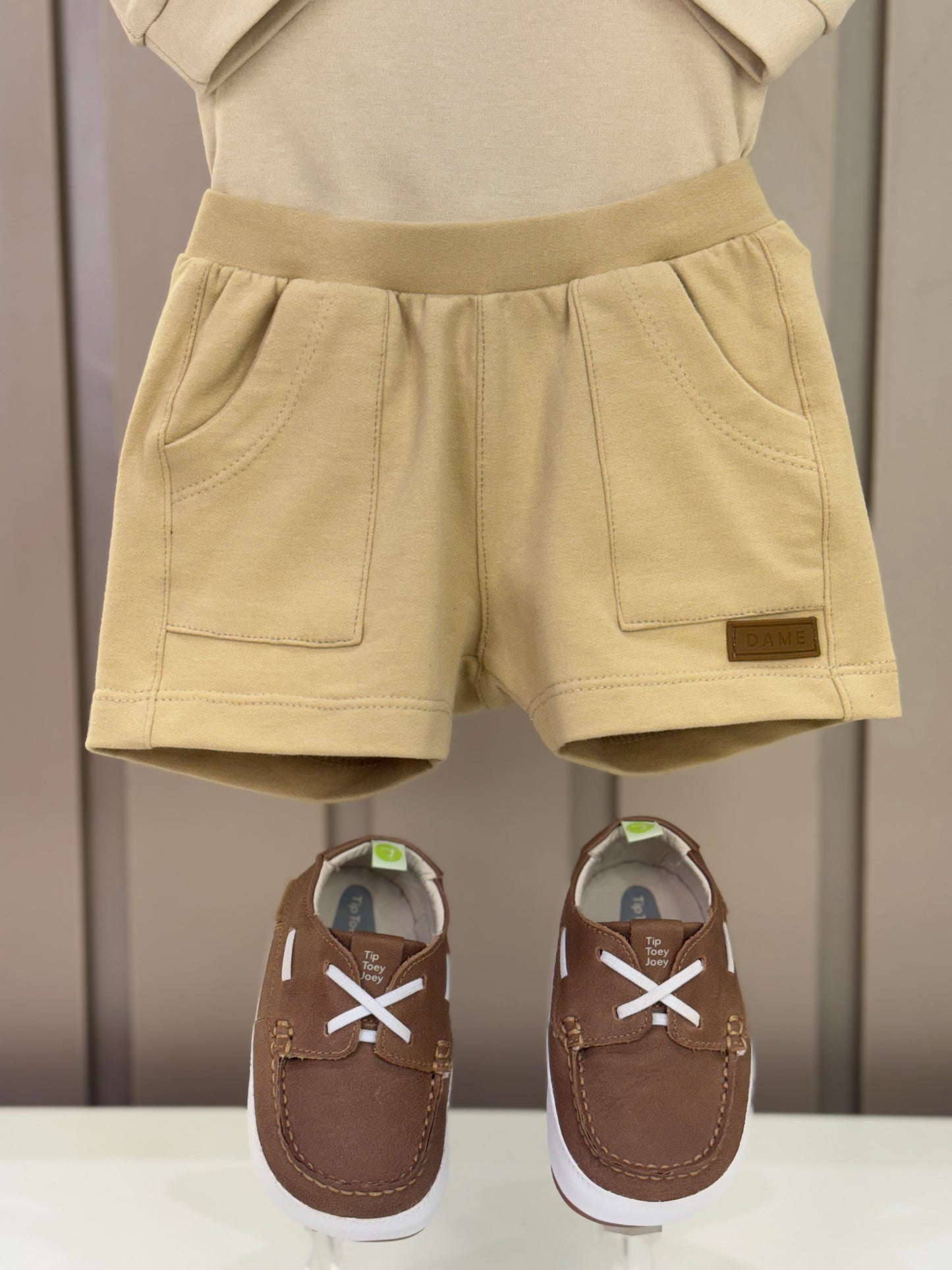 Conjunto Bebê Body Suedine Algodão ML Trio Teddy e Bermuda Moletom Algodão Bege - Dame