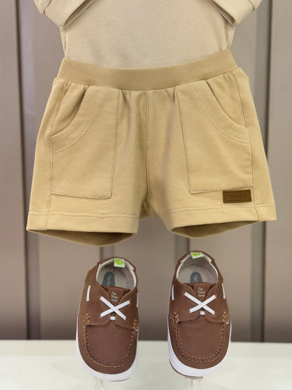 Conjunto Bebê Body Suedine Algodão ML Trio Teddy e Bermuda Moletom Algodão Bege - Dame