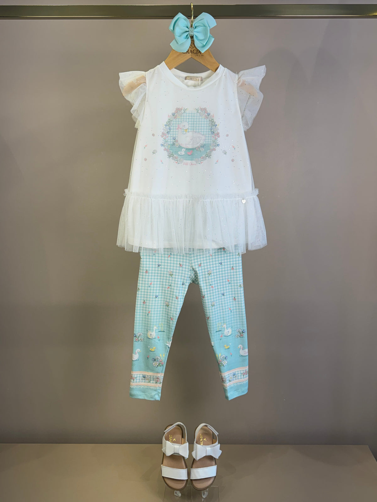 Conjunto Infantil Blusa Mangas Tule e Calça Azul Quadriculada - Petit Cherie