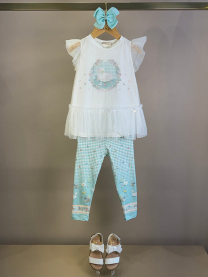 Conjunto Infantil Blusa Mangas Tule e Calça Azul Quadriculada - Petit Cherie