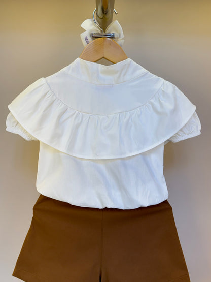Conjunto Infantil Blusa Gola Laço E Saia Pregas Sarja Terracota - Luluzinha