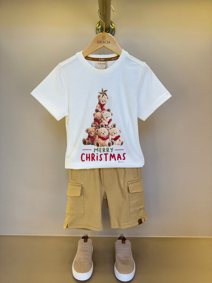 Conjunto Infantil Camiseta Algodão Teddy Natal MC e Bermuda Ponto Roma Bolsos Cargo Bege - Dame