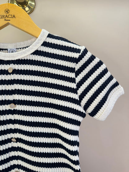 Conjunto Teen Blusa Malha Tricot Listrada com Botões e Shorts Listrado Preto - Two In