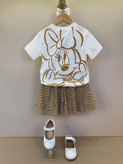 Conjunto Infantil Blusa Minnie Paisley Dourada e Saia Couro Tech Bege - Animê