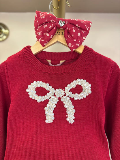 Conjunto Infantil Blusa Tricot Laço Bordado Pérolas E Cristais Bala de Cereja e Saia-shorts Mini Flores Babados e Laços