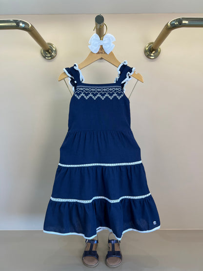Vestido Infantil Linho Marinho Bordado Branco - Petit Cherie
