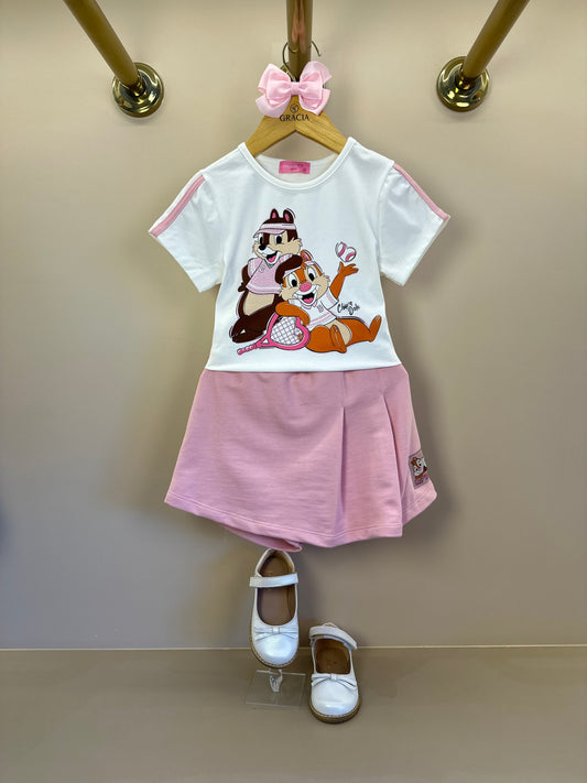 Conjunto Infantil Blusa Chip`N Dale Pérola e Shorts-saia Rosa Quartz - Momi Mini