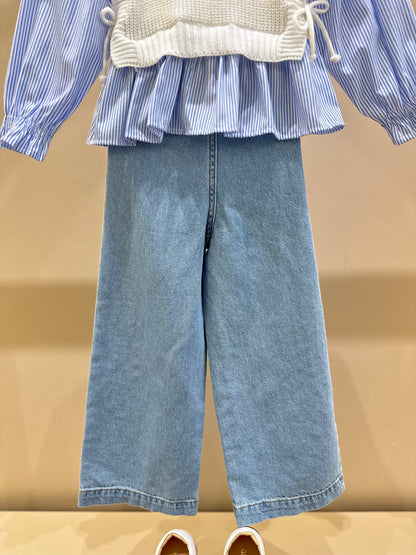 Conjunto Infantil Colete Tricot Off White e Calça Jeans Bordada Flores - Momi
